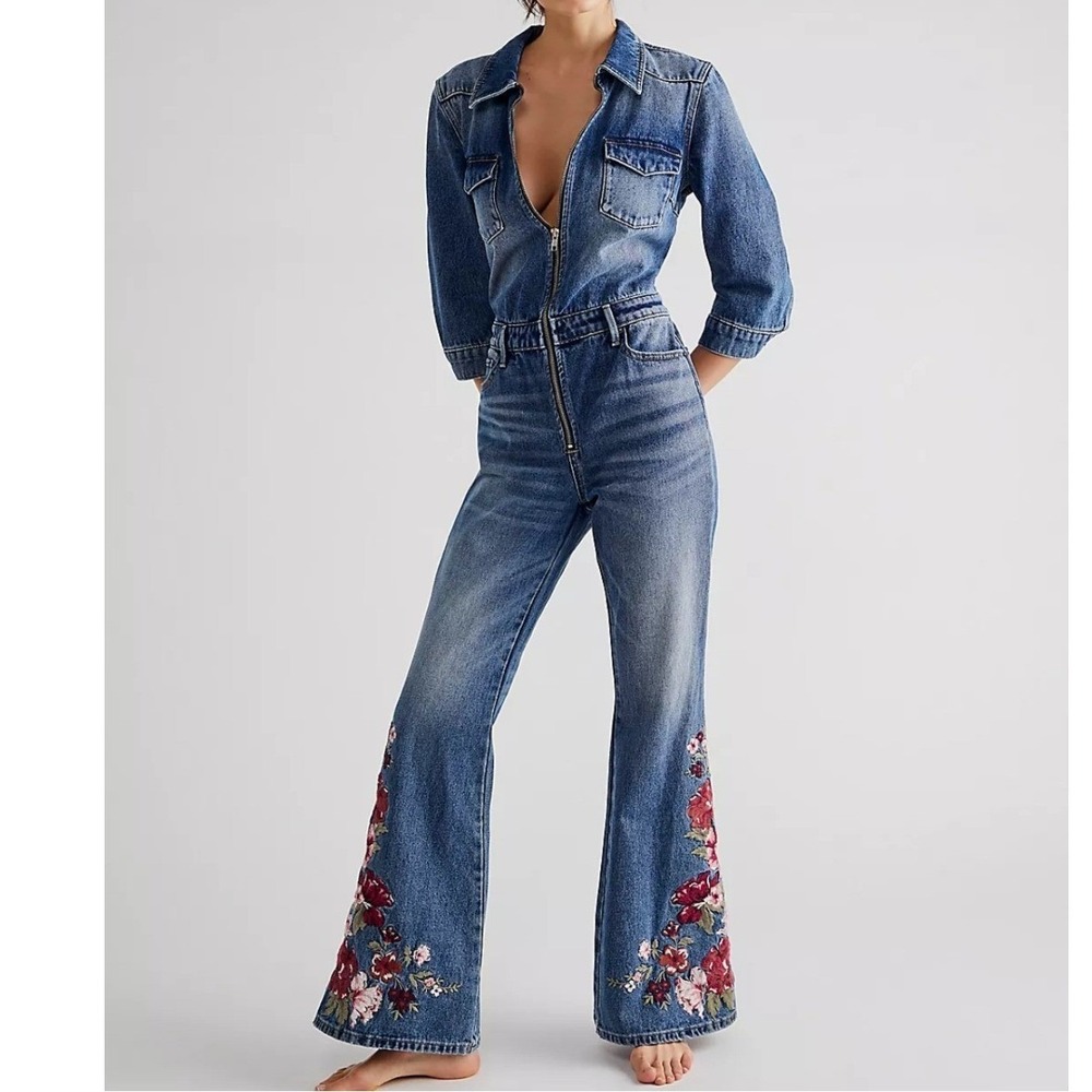 Free People Driftwood Farrah Boho Floral Embroidered Denim Jumpsuit XL Flare Leg